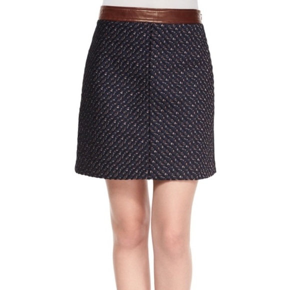 Theory Lanitta Heightened Tweed Leather Trim A-Line Skirt Sz 8 - Picture 1 of 9